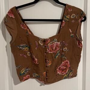 O'Niell Floral Short Sleeve Button Front Cropped Peasant Blouse Top Brown Small